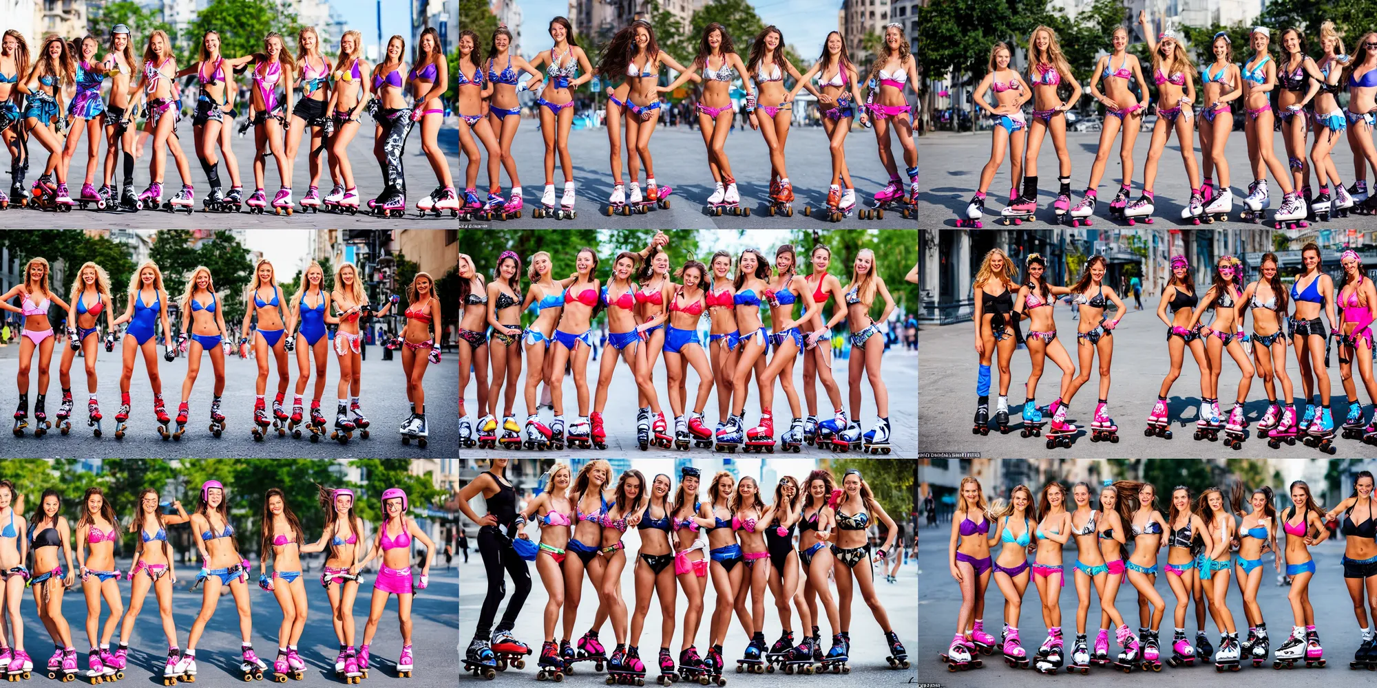 Prompt: lovely detailed faces of bikini models rollerblading on the streets and having fun, sharp eyes, smile, group portrait