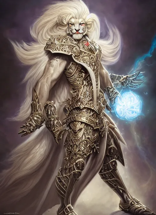 Image similar to anthropomorphized white lion paladin casting magic bright light spell, smiling, casting spell, concept art, insanely detailed and intricate, hypermaximalist, elegant, ornate, hyper realistic, super detailed, art deco, cinematic, trending on artstation, magic the gathering artwork