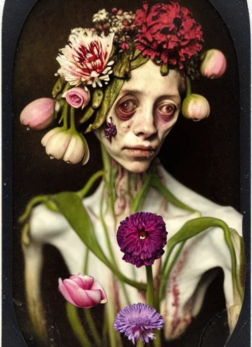 Image similar to beautiful and detailed rotten woman made of plants and many types of stylized flowers like carnation, chrysanthemum, anemone, roses and tulips, intricate, surreal, vladimir volegov, john constable, guy denning, gustave courbet, caravaggio, romero ressendi, 1 9 1 0 polaroid photo