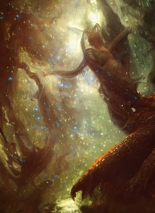 Image similar to my bed is a forest with a giant cthulhu eyes in the night star galaxie by gaston bussiere, anna nikonova aka newmilky, greg rutkowski, yoji shinkawa, yoshitaka amano, moebius, donato giancola, geoffroy thoorens, trending on artstation, featured on pixiv, cinematic composition