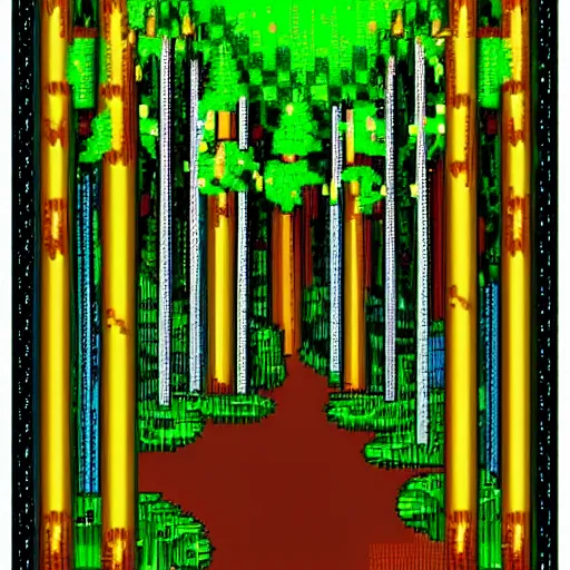 Prompt: pixel art forest scene with golden rings in the ground