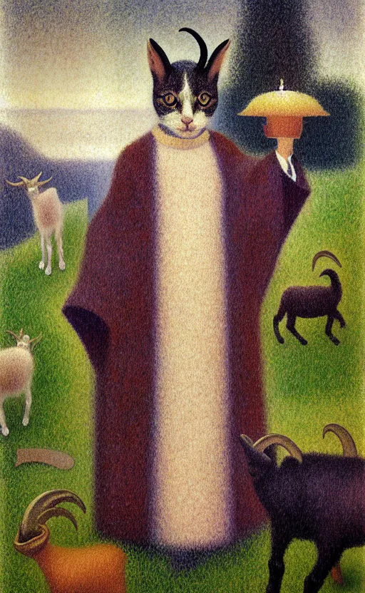 Image similar to a bipedal cat that has two goat horns and is wearing robes, matte oil painting, by georges seurat, d & d, character reveal, fantasy, concept art, cosmic, magical, fog, noble, full body portrait, intricate, ornate, extremely detailed, cult, ritual, sharp focus, 4 k, 8 k