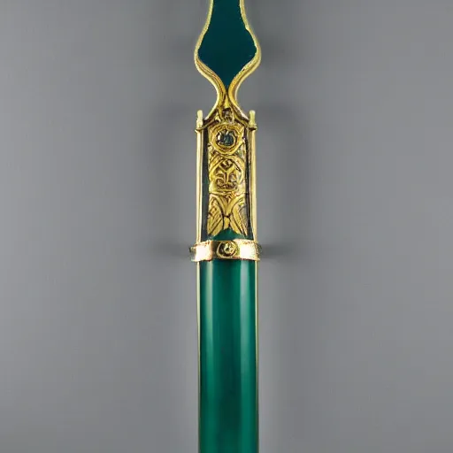 Image similar to photograph of a large green and teal crystal sword with a gold sword hilt