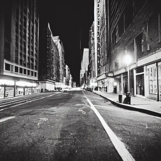 Image similar to photo of abandoned New York city street at night after the war between humans and AIs, film grain, soft vignette, Canon EOS Digital Rebel XTi, 100-300mm Canon f/5.6, Exposure time: 1/160, ISO 400