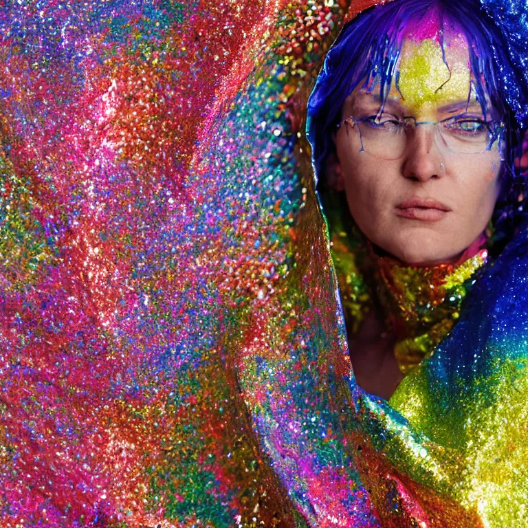 Image similar to octane render portrait by wayne barlow and carlo crivelli and glenn fabry, a woman wearing a clear plastic suit full of colorful thick fluid full of glitter, standing in front of a giant sheet of tie - dye aluminum foil, cinema 4 d, ray traced lighting, very short depth of field, bokeh