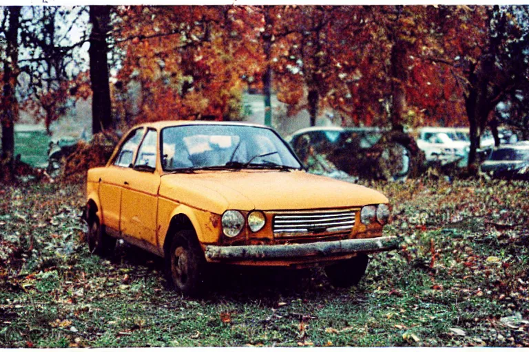 Image similar to a lomographic photo of old lada 2 1 0 7 standing in typical soviet yard in small town, autumn, cinestill, bokeh