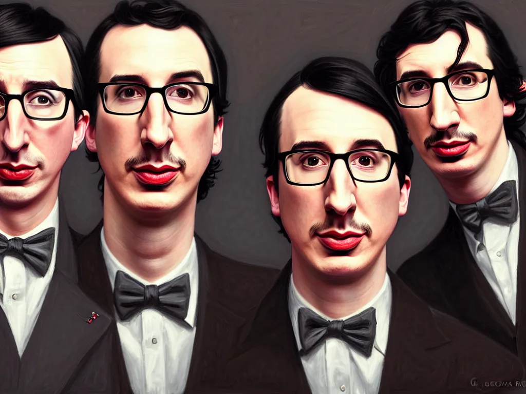 Image similar to photo booth, painting of both john oliver and adam driver together, john oliver in front, full body, elegant, beautiful, highly detailed, centered, dark, smokey, digital painting, concept art, smooth, sharp focus, illustration, deviant art, art by artgerm, art by greg rutkowski, art by alphonse mucha