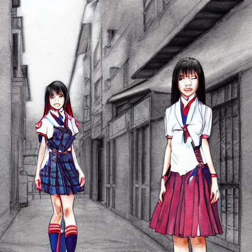 Image similar to a perfect, realistic professional digital sketch of a Japanese schoolgirls posing in a sci-fi alleyway, style of Marvel, full length, by pen and watercolor, by a professional American senior artist on ArtStation, a high-quality hollywood-style sketch, on high-quality paper