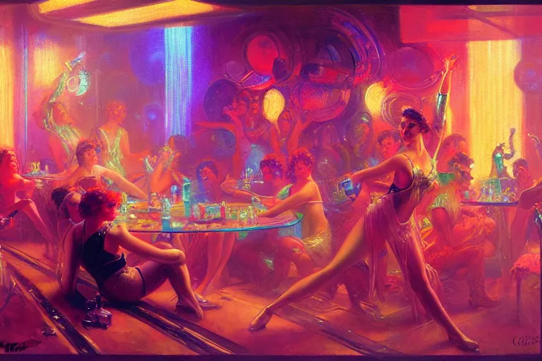 Prompt: futuristic disco party, summer, neon light, painting by gaston bussiere, craig mullins, j. c. leyendecker