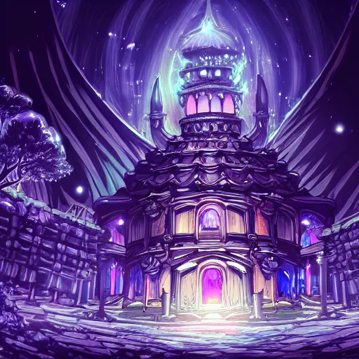 Image similar to a beautiful detailed anime illustration of architecture catacomb by zack snyder, at dusk uv light at winter alien gem at night fantasy elysian retro infrared poppy nightvision neon noir anime crystal dramatic lightning, archdaily, wallpaper, highly detailed, trending on artstation.