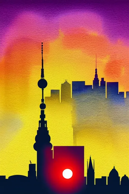 Image similar to minimalist watercolor art of berlin skyline at sunset, illustration, vector art