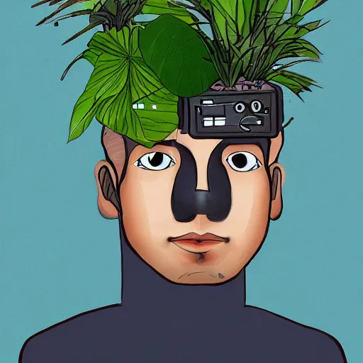 Prompt: a portrait of a robot, having a plant on his head, style of dang my linh