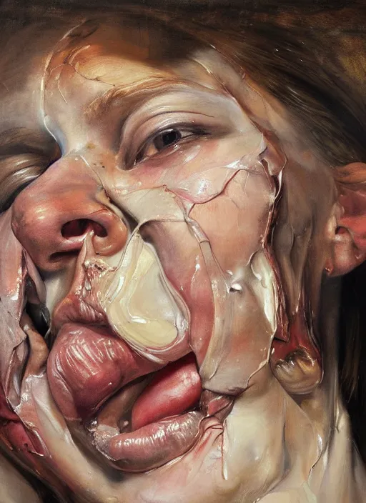 Prompt: high quality high detail painting by jenny saville, hd, a skinny beautiful woman, her face is breaking into pieces, photorealistic lighting