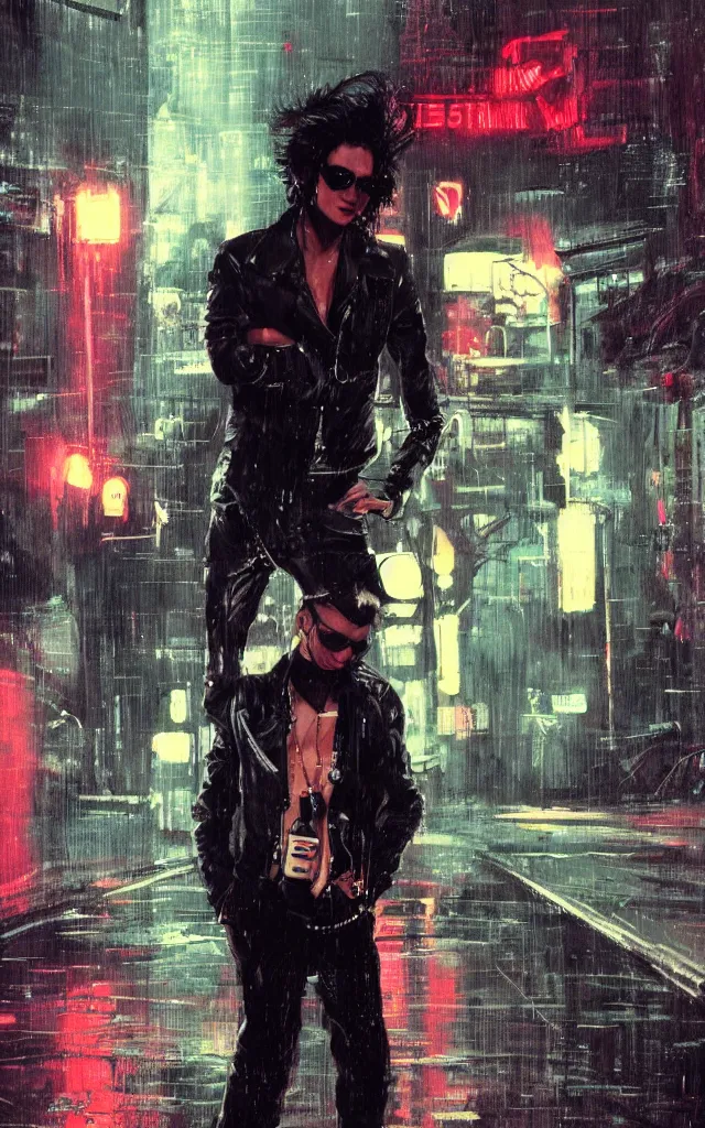 Prompt: concept art, character design, glam rocker, standing on a wet helsinki street at night, in the style of syd mead and liam wong