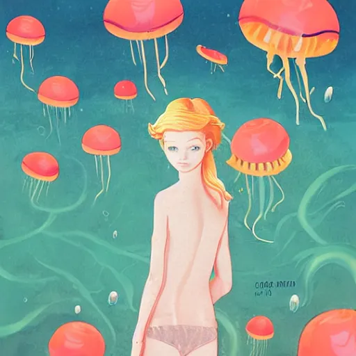 Image similar to Elle Fanning underwater surrounded by jellyfish picture by Sachin Teng, asymmetrical, dark vibes, Realistic Painting , Organic painting, Matte Painting, geometric shapes, hard edges, graffiti, street art:2 by Sachin Teng:4