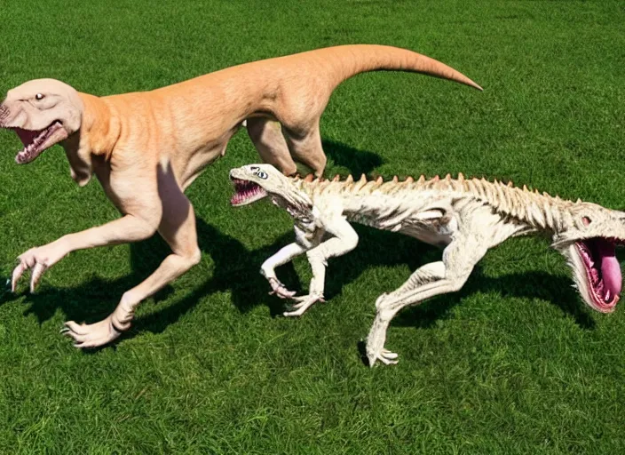 Prompt: photo of a dog and a velociraptor playing together