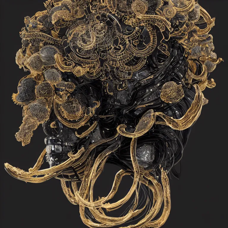 Image similar to black background. absolutely symmetrical sculpture. centered. goddess princess face close-up portrait ram skull. sculpture made of gold and black charcoal. jellyfish phoenix head, nautilus, orchid, skull, betta fish, bioluminiscent creatures, intricate artwork by Tooth Wu and wlop and beeple. octane render, trending on artstation, greg rutkowski very coherent symmetrical artwork. cinematic, hyper realism, high detail, octane render, 8k