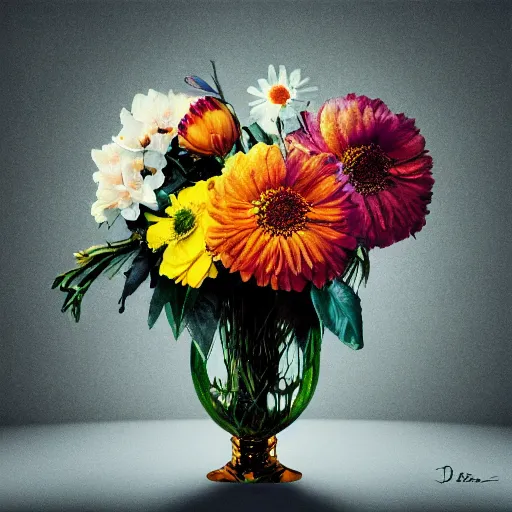 Image similar to flower album art, vase of flowers, dramatic, poster, cover art
