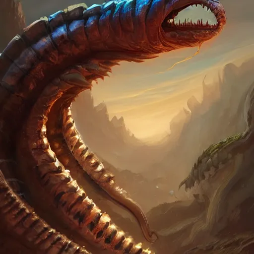 Image similar to a giant earthworm, worm monster, worm mouth, rock and dust, earthworm brown theme, bright art masterpiece artstation. 8 k, sharp high quality artwork in style of jose daniel cabrera pena and greg rutkowski, concept art by tooth wu, blizzard warcraft artwork, hearthstone card game artwork, earthworm rising from the ground