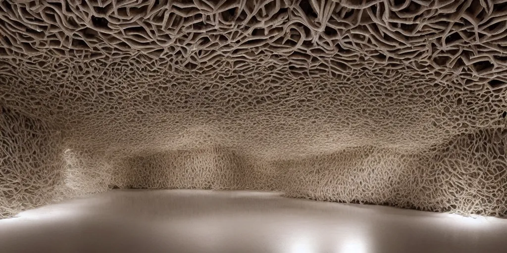 Image similar to futuristic interior organic design by Ernesto Neto composed all covered with wool and hair, the chairs, tables, and walls all seem to meld together into a color-shifting with covered with wool and hair, hair ground surface, maximum natural texture, soft smooth surfaces, beige light colors monochromatic, warm illumination, cinematic alien futuristic atmosphere, in low fog, magical digital, 8k resolution, golden ratio, best color graded, vray beautiful, ambient occlusion, subsurface scatter, radiosity, hyper-realistic render