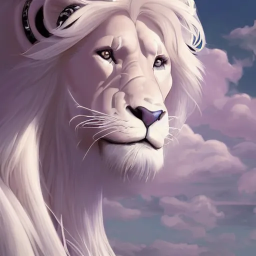 Prompt: aesthetic portrait commission of a albino muscular and attractive anthro lion wearing an attractive pastel greek outfit floating inside a floating soap bubble in a simple blue cloudy sky with clouds orbiting the bubble like a planet, minimalistic art, hyperdetailed. Character design by charlie bowater, ross tran, artgerm, and makoto shinkai, detailed, inked, western comic book art, 2021 award winning painting
