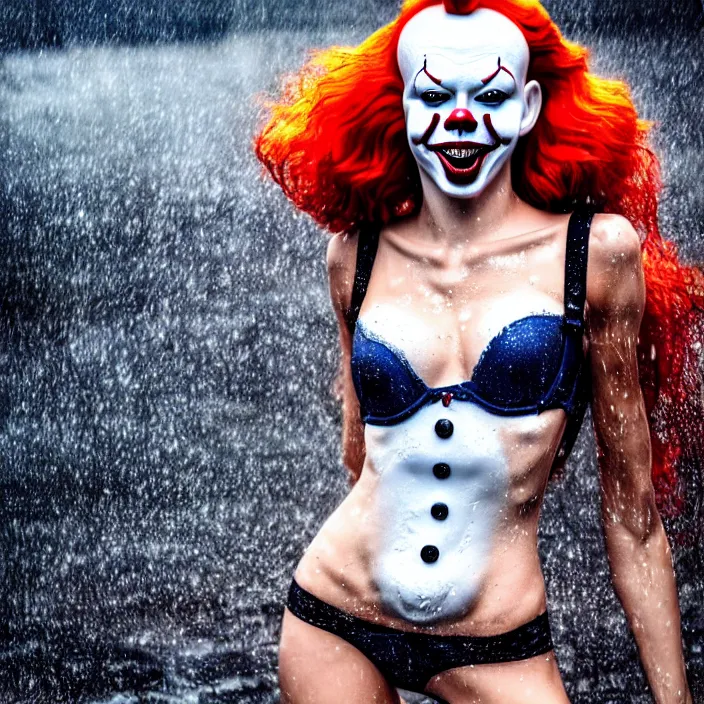 Image similar to fully body pose, photo of a very beautiful!! victoria secret model, pennywise, wet hair, raining, 8 k, hdr, smooth, sharp focus, high resolution, award - winning photo, trending on artstation, dslr, 5 0 mm