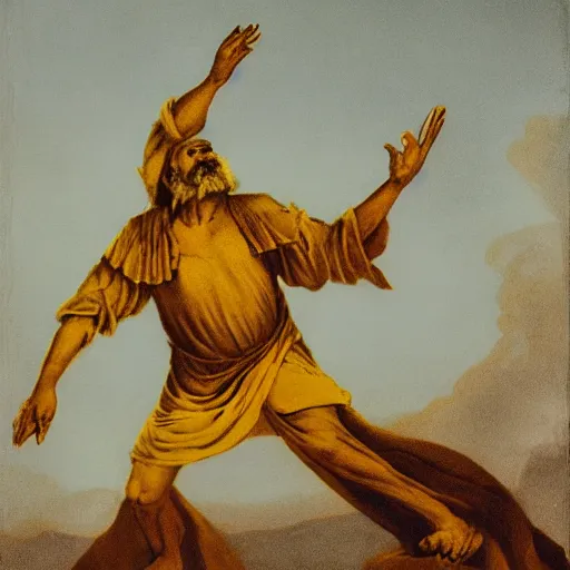 Prompt: the great elder levitates, around which daggers fly behind his back, yellow tones