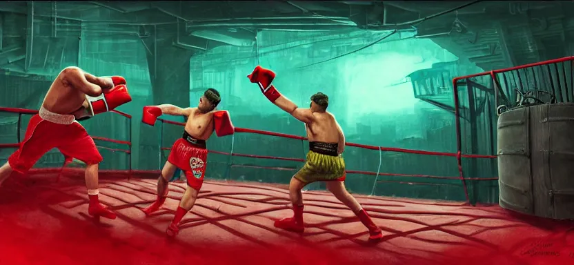 Image similar to handmade illustration of a boxing match in an industrial room, line art, octane render with volumetric lighting, miniatures by wes anderson, cedric peyraavernay, waste processing machinery, bladerunner, green and red radioactive swamp, by Remedios Varo and Anato Finnstark and Greg Rutkowski, dayglo pink, dayglo blue, by Craig Mullins, ilya kuvshinov, krenz cushart, artgerm, 8k, trending on ArtStation