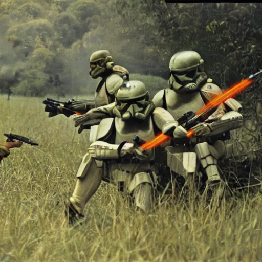 Image similar to star wars clone troopers combat soldiers in vietnam, photo, old picture, lush landscape, jungle, firearms, explosions, helicopters, aerial combat, active battle zone, flamethrower, air support, jedi, land mines, gunfire, violent, star destroyers, star wars lasers, sci - fi, jetpacks, agent orange, bomber planes, smoke, trench warfare