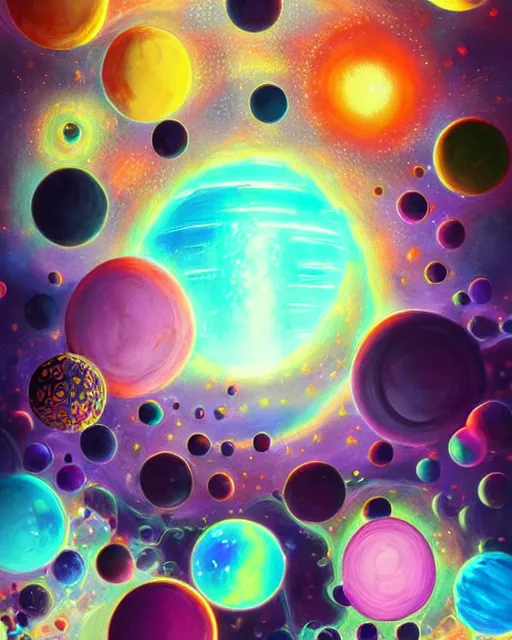 Image similar to multiverse painting, colorful, scifi, experimental, spheres. portals, black holes, wormholes, rays of light, highly detailed, cheerful, by studio ghibli, kun vic, masterpiece, award winning