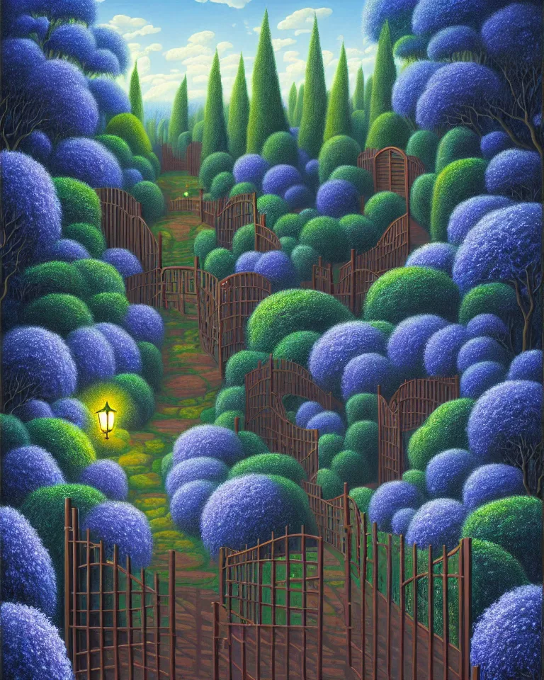 Image similar to hd painting of a dark garden, wooden gates, particles of magic by rob gonsalves, trending on artstation