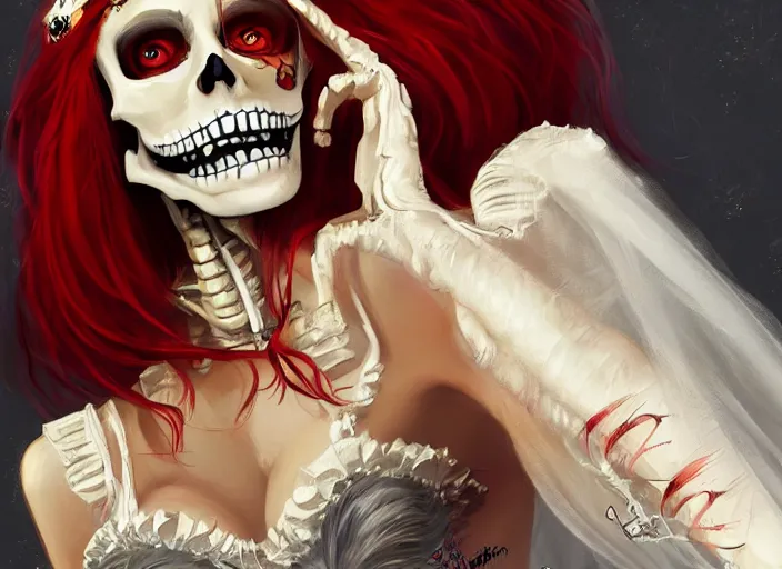 Prompt: cute & beautiful smug smiling mexican undead skeleton girl with red hair dressed as a bride, elegant, digital art, fantasy, pixar style, painting, pin up, highly detailed, artstation, art by artgerm, vrubel, boris vallejo and ilya kuvshinov