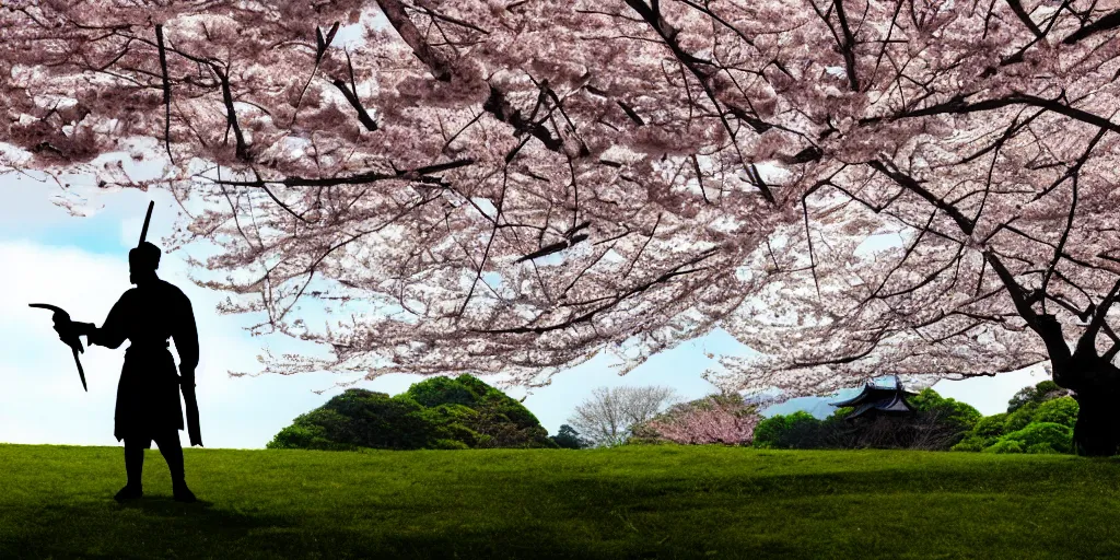 Prompt: A silhouette of a samurai holding a dadao sword, standing on a Hill with a single cherry blossom tree, cinematic shot, digital art, japanese Fields, japanese architecture faraway, wide shot, dramatic, peaceful, wide shot