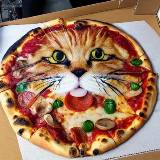 Prompt: pizza with cat painting on it.
