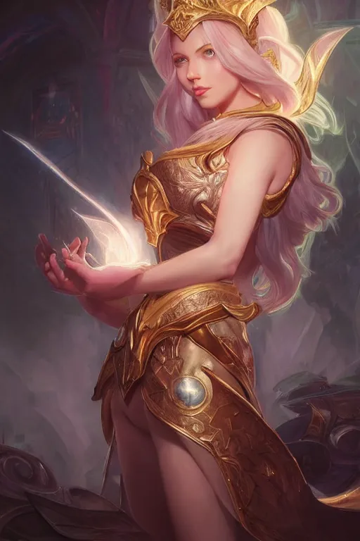 Image similar to portrait of lux from league of legends, wielding light magic, photorealistic fantasy castle city, full body, powerful, fantasy, intricate, elegant, highly detailed, digital painting, artstation, concept art, sharp focus, illustration, art by artgerm and greg rutkowski and alphonse mucha