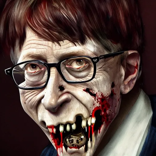 Image similar to a zombie Bill Gates, by WLOP, horror, wounds, bloody, dark fantasy, trending on artstation