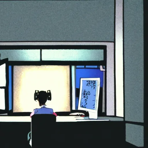 Prompt: film cell from Studio Ghibli of female Japanese student in profile, sat at her desk, her face lit by the computer screen, wearing headphones, japan, window, Tokyo, neon lights outside , by Hayao Miyazaki