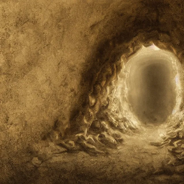 Image similar to photorealistic sepia painting of the mouth of a sea cave on the jamaican shoreline, dark, brooding, atmospheric, lovecraft