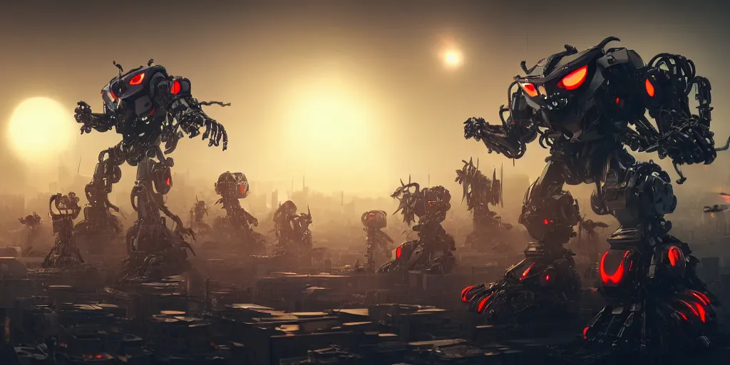 Prompt: an army of evil, malevolent, giant robot mechanical cyborg owls surrounded by computers and computer screens. this 4 k hd image is trending on artstation, featured on behance, well - rendered, extra crisp, features intricate detail and the style of unreal engine. volumetric lighting octane render