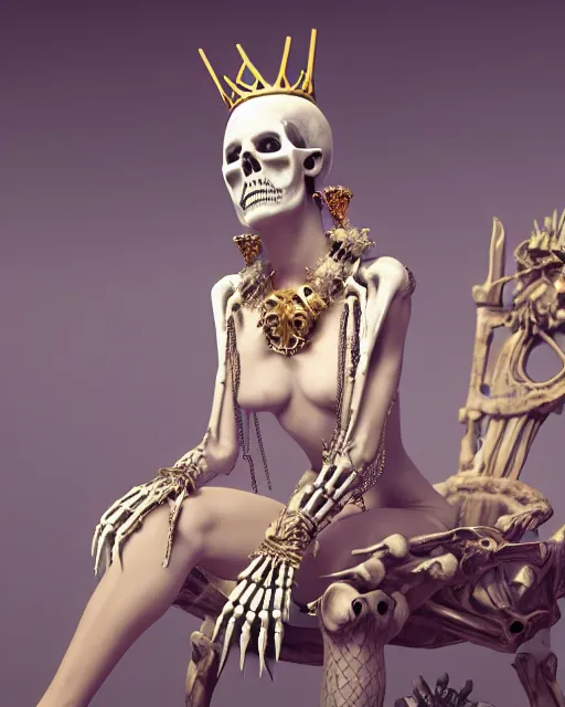 Prompt: computer rendering of a bone queen sitting on her throne, bone crown, skull earings, bone dress, throne made of bones, unreal engine, global illumination, radiant light, trending on artstation, 8 k, octane 3 d