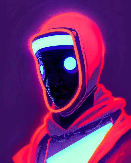 Prompt: cyberpunk synth, hyper - realistic detailed portrait of a man in a hoodie, with neon visor mask, digital painting, by atey ghailan, by greg rutkowski, by greg tocchini, by james gilleard, by joe fenton, by kaethe butcher, sharp focus