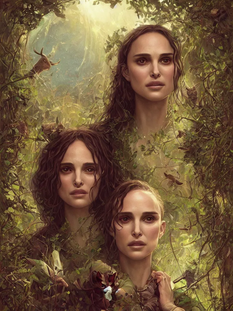 Prompt: a solarpunk portrait of a gorgeous Natalie Portman in the movie Annihilation, with deer and rabbits, award-winning, masterpiece, in the style of Tom Bagshaw, Cedric Peyravernay, Peter Mohrbacher