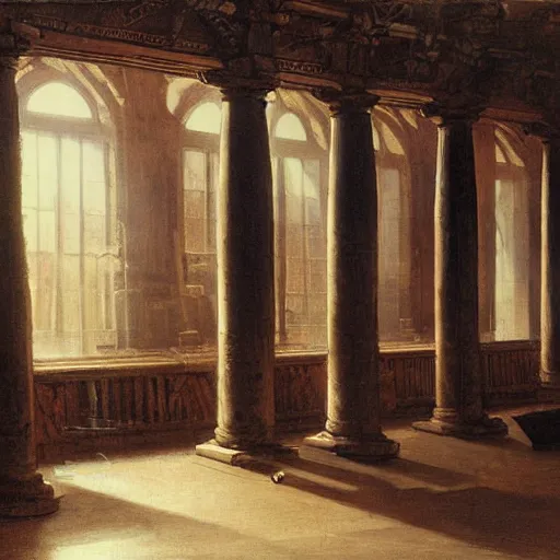 Image similar to painting of a scifi ancient civilzation victorian empty computer room with pillars, andreas achenbach