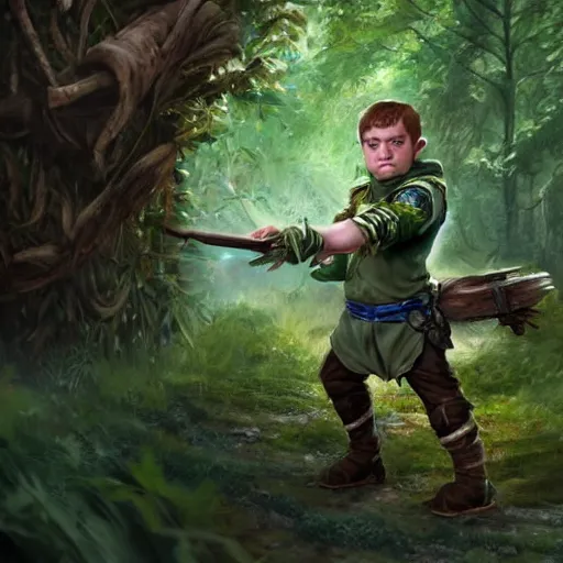 Prompt: young rugged halfling ranger with blue eyes and a dark green hood stalking prey in the forest, by Tony Sart, trending on ArtStation, realistic, detailed