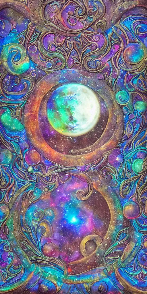 Prompt: intricate colourfully painted carved Soapstone relief paneling, iridescent, pearl and pale blue toned, celestial, cosmos, galaxies, planets, divinity, moon goddess, mother earth, Earth Goddess mythology, Gaia, angels, dream atmosphere, bright colors, vivid colors, Ghostly, crystaline celtic, insanly detailed , artstation, wallpaper, hyper realistic, realistic lighting