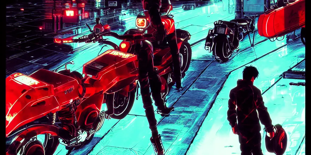 Image similar to twilight lighting, moody, atmospheric, solarpunk, kaneda and his motorcycle from akira, rainy, in the art style of neon genesis : evangelion, 8 0 s anime style, by ghibli studio and victor ngai, ghost in the shell art style, akira artstyle, pixar highly detailed, 8 k h 5 7 6