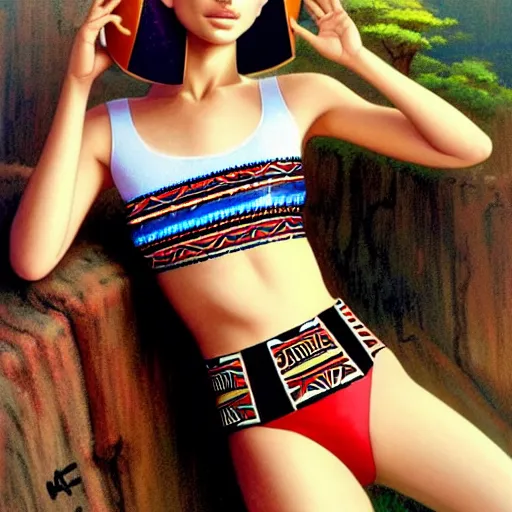 Image similar to beautiful boyish natalie portman alluring gravure model, wearing aztec wooden mask helmet cap and leotard, elegant bulky aztec football gear subtle mayan patterns, elegant aztec bathing suit, gapmoe yandere grimdark, trending on pixiv fanbox, painted by greg rutkowski makoto shinkai takashi takeuchi studio ghibli, akihiko yoshida