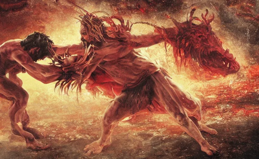 Prompt: hyperrealistic photo of Jesus Christ fighting red-skinned Satan devil demon Lucifer hellspawn in the face on the floor of the Roman Coliseum, 8k cinematic, epic fight scene, interpretation of Hell on Earth