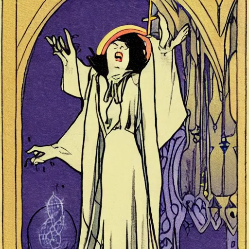 Image similar to a cloaked mage casting a magic spell from her hand toward an ice castle, art nouveau