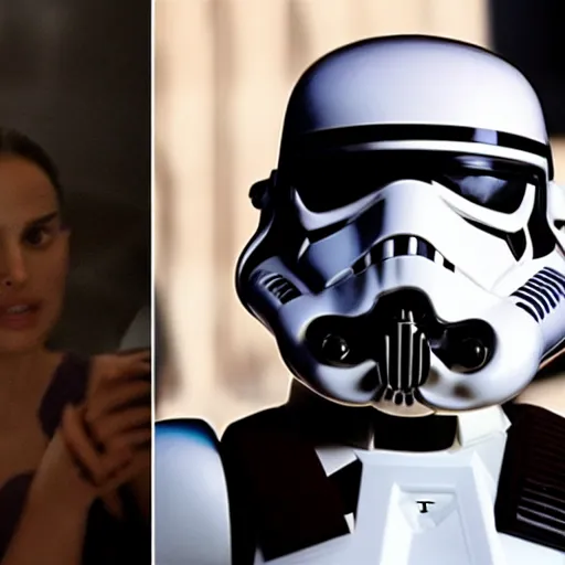 Image similar to natalie portman as a stormtrooper, taking her helmet off, not wearing a helmet, without a helmet on, by cameldeath